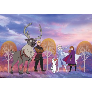 Komar Fototapete Vlies Frozen Autumn Forest (400x280cm) mit Anna, Elsa, Kristoff, Sven und Olaf.