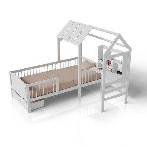 Weißes Juskys Kinderbett Yari 90x200 cm mit integriertem Schreibtisch und Schublade.