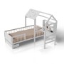 Weißes Juskys Kinderbett Yari 90x200 cm mit integriertem Schreibtisch und Schublade.