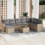 Beige 9-teilige Garten-Sofagarnitur aus Polyrattan mit grauen Kissen.