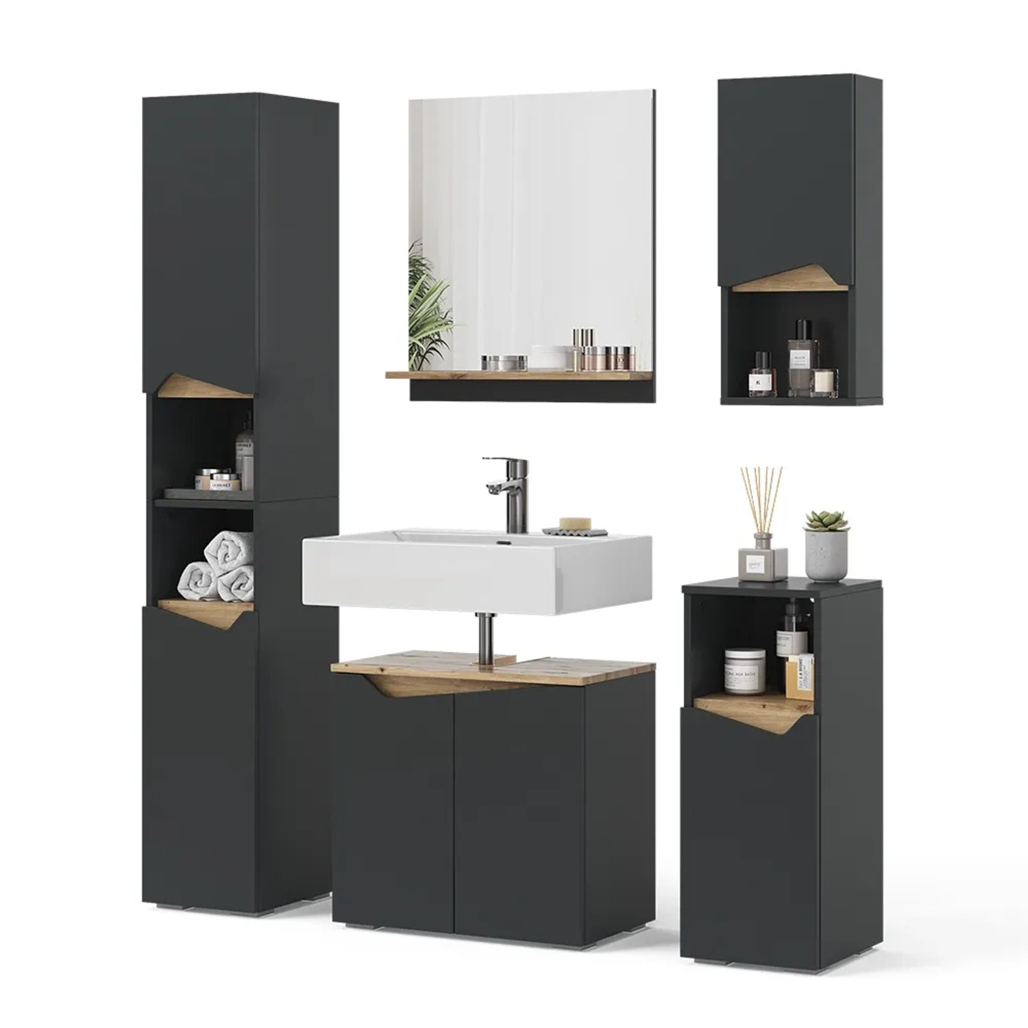 Vicco Badmöbel-Set Marelle, 5-teilig in Anthrazit/Artisan-Eiche mit Spiegel, Waschbeckenunterschrank und Hochschränken.