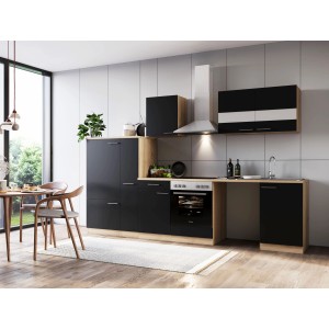 Respekta Küchenblock Merle 310 cm in Eiche Schwarz mit Waschmaschinen-Nische.