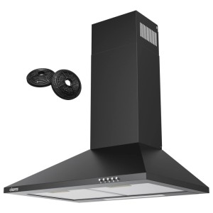 Schwarze CIARRA Wandhaube 60 cm Dunstabzugshaube mit LED-Beleuchtung und 2 Kohlefiltern. 3 Stufen, 404 m³/h.