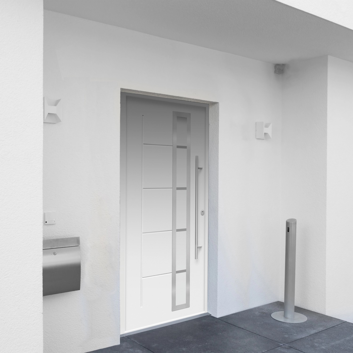 Weiße Sicherheits-Haustür ThermoSpace Prime Paris RC2 mit Glaseinsatz und Edelstahlgriff, Rechtsanschlag.