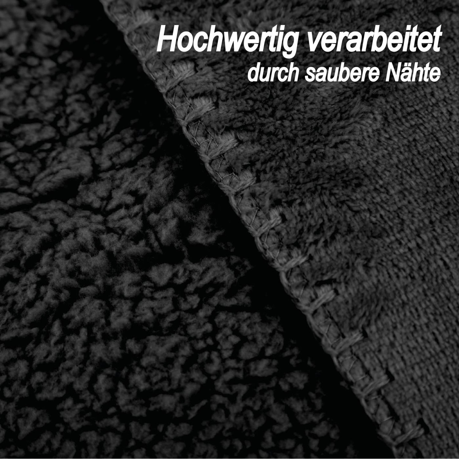 Detailaufnahme: Schwarze Bestlivings Kuscheldecke mit Teddy Fleece und sauberer Naht.