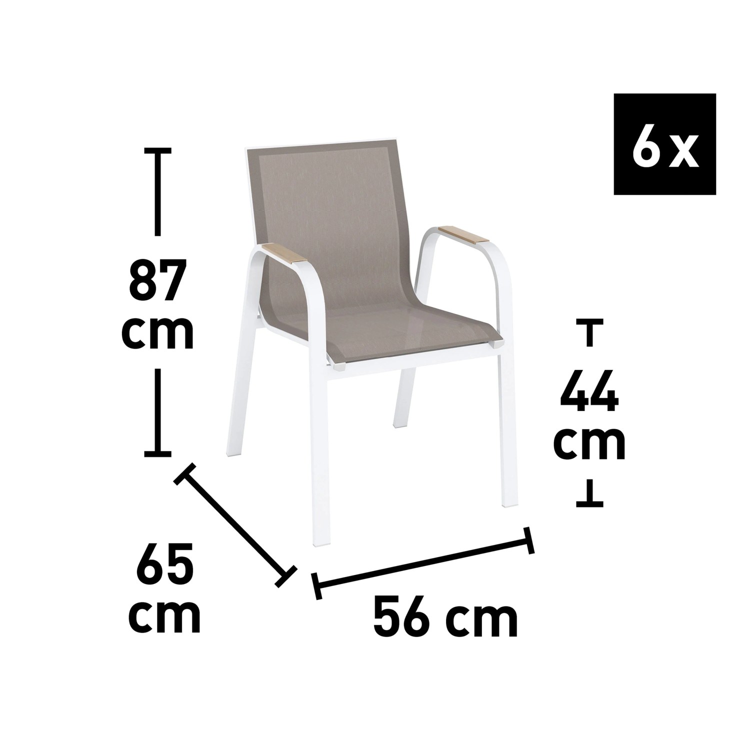 Detailansicht Stuhl der Esstischgruppe Butterfield, Aluminium weiß, Textil beige, Holzoptik Armlehne.