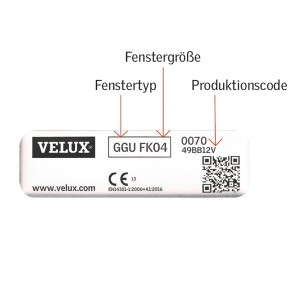 Typenschild für Velux Dachfenster: Fenstergröße, Fenstertyp und Produktionscode.