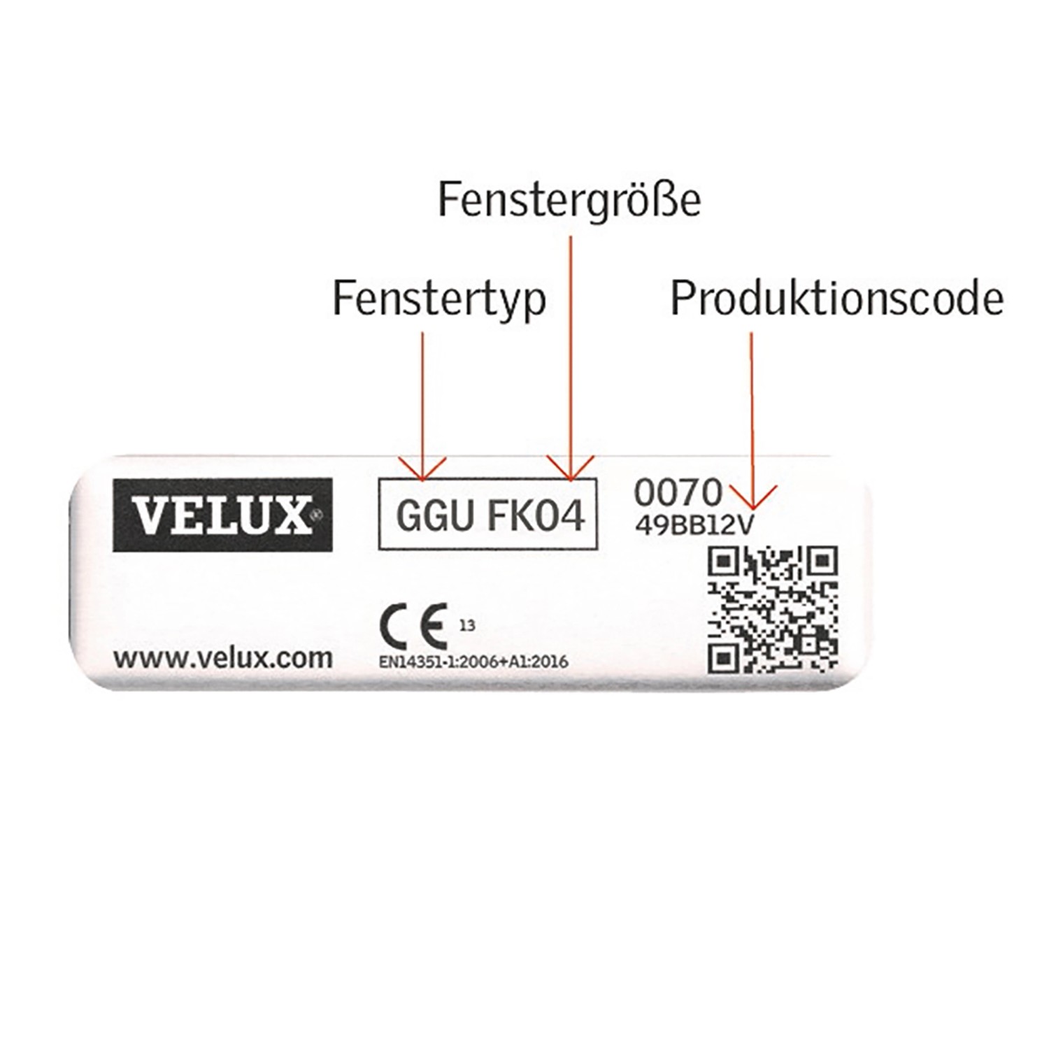 Typenschild für Velux Dachfenster: Fenstergröße, Fenstertyp und Produktionscode.