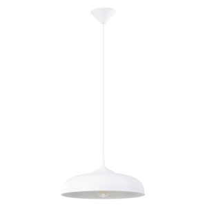 Weiße Sollux Lighting Pendelleuchte Gina mit kuppelförmigem Schirm und Holzdetail.