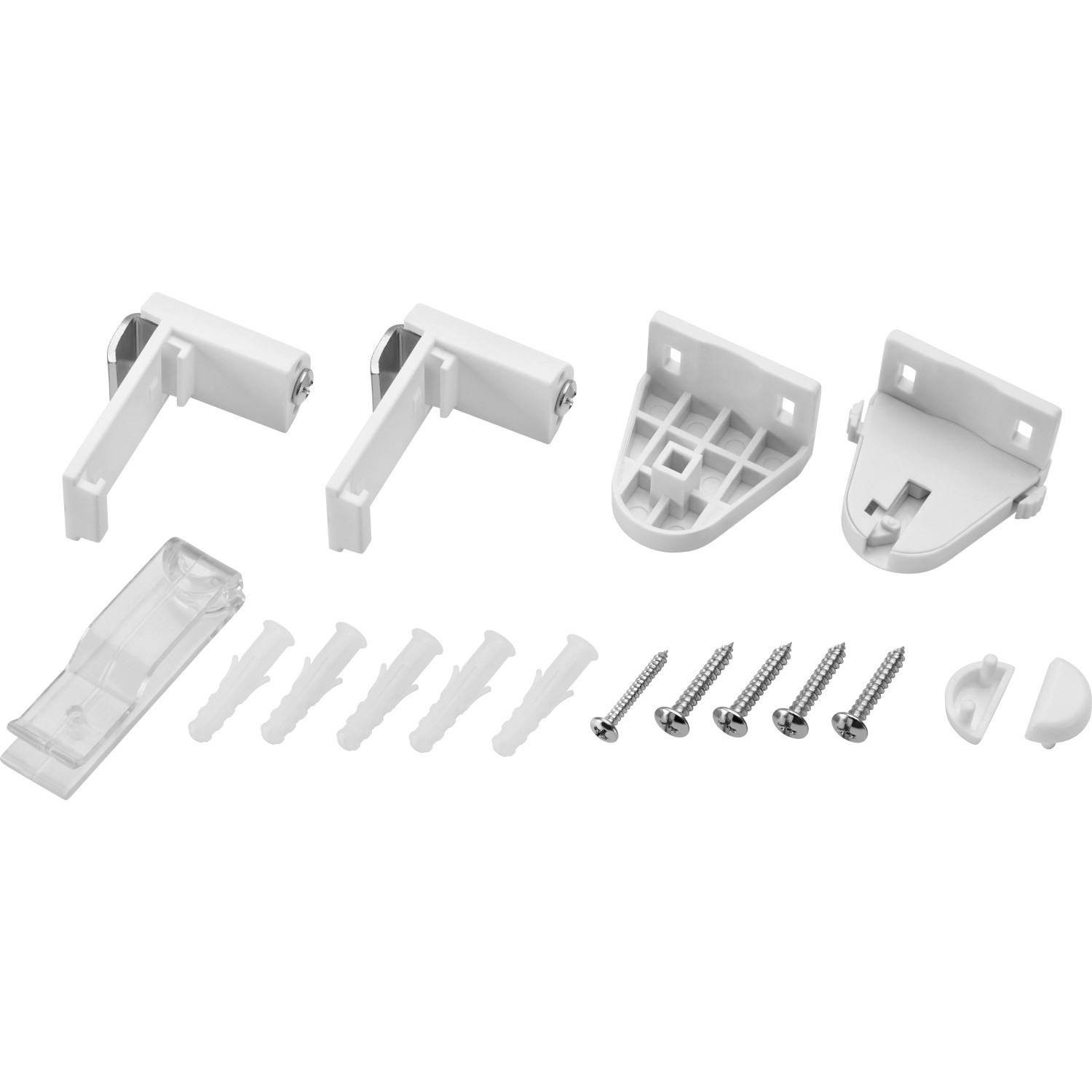 Montagematerial für Tageslicht-Rollo Zamora: Halterungen, Schrauben und Dübel in Weiß.