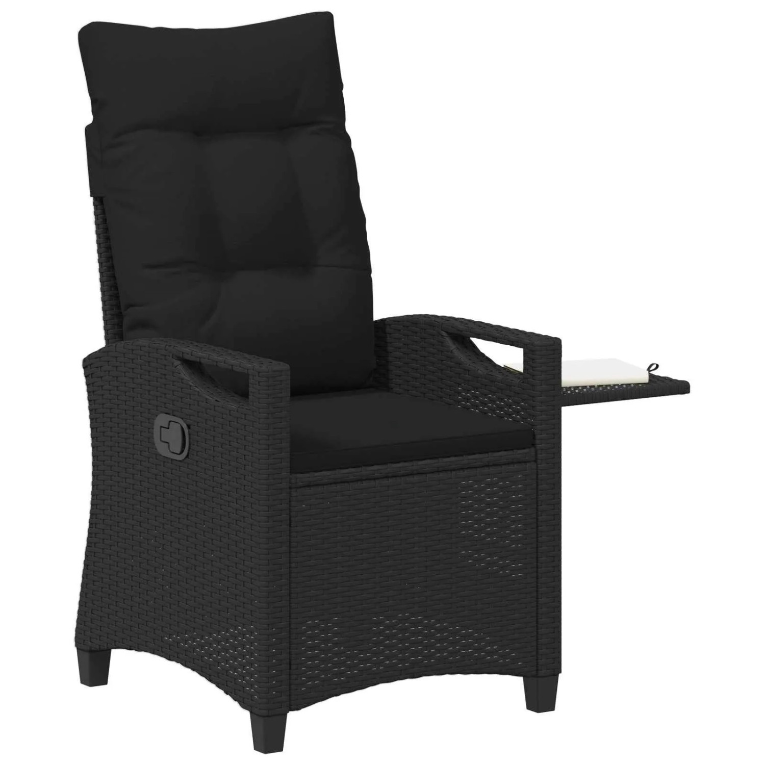 Verstellbarer, schwarzer Gartenstuhl aus Poly-Rattan mit Klapptisch für Garten oder Terrasse.