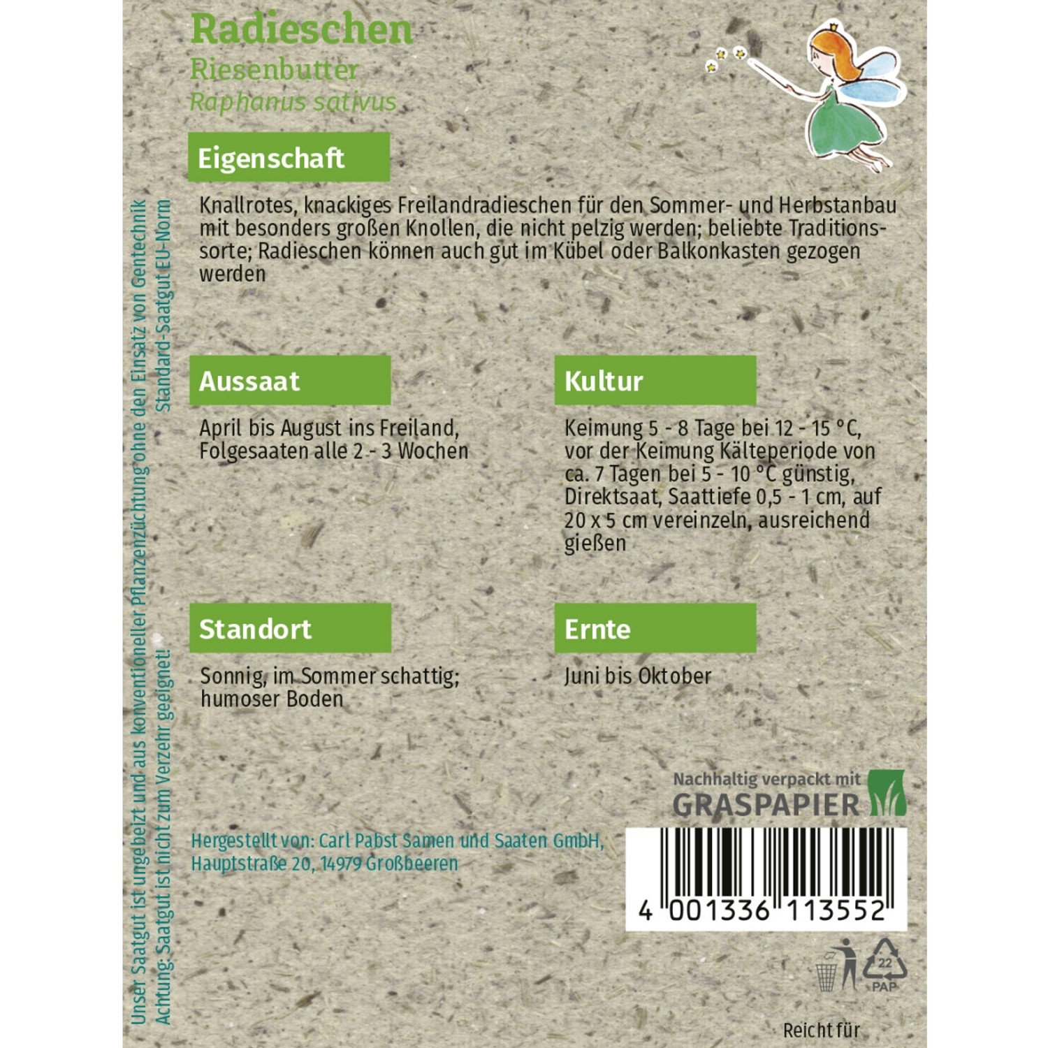 Saatgutpackung Grüne Fee Radieschen Riesenbutter: Samen für knackige, rote Radieschen.