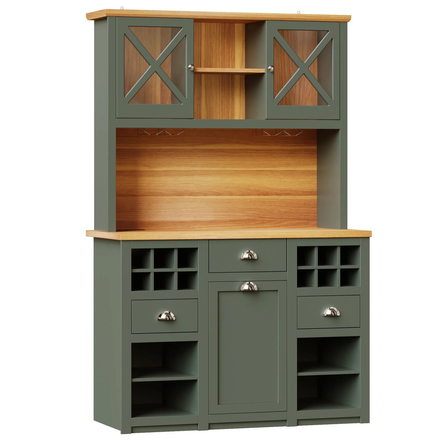 okwish Küchenschrank mit Glastüren LED Beleuchtung Weinregal Küche 120x45x188cm Grün