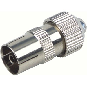 Metallische Schwaiger Koaxkupplung für Antennenanschluss, silberfarben.