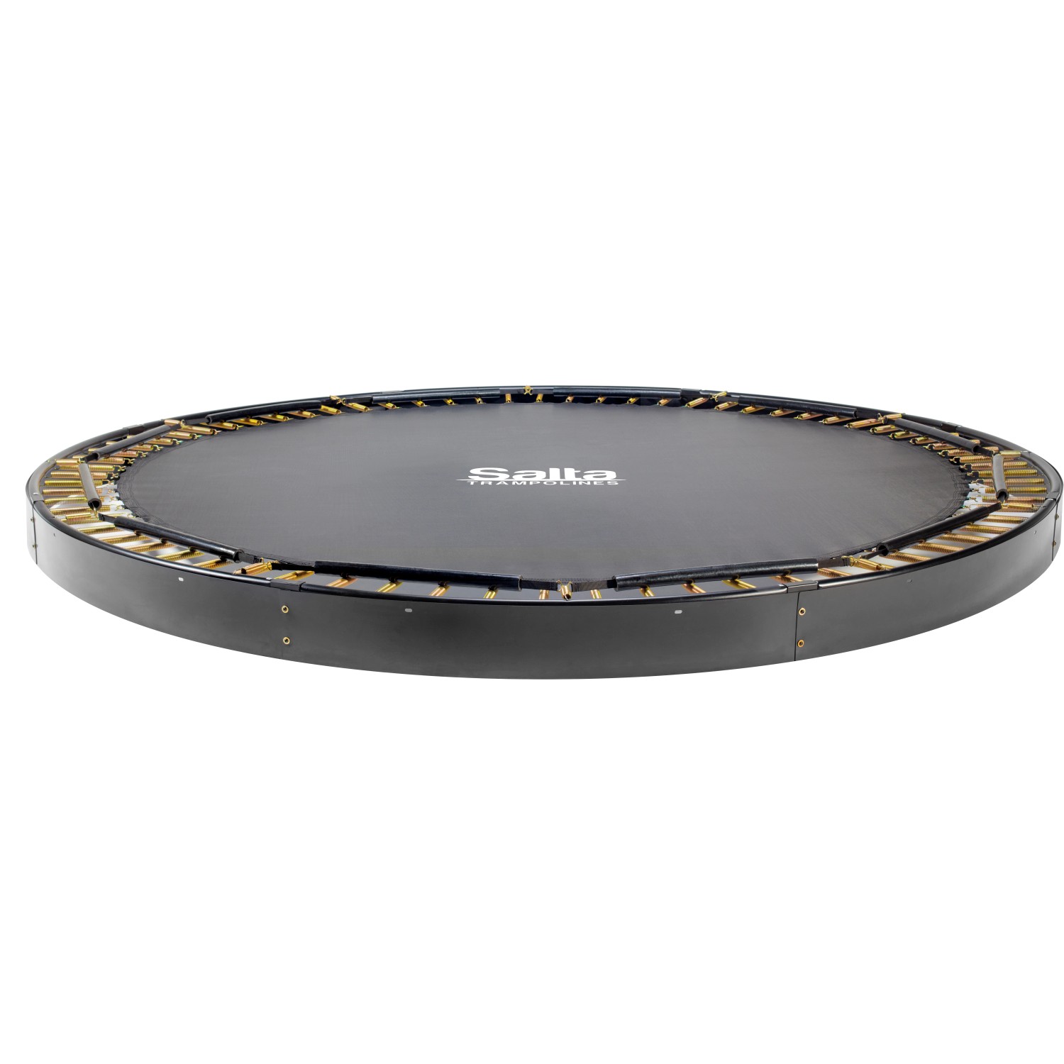 Schwarzes Salta Royal Baseground Bodentrampolin, Ø 251 cm, ebenerdig im Garten.