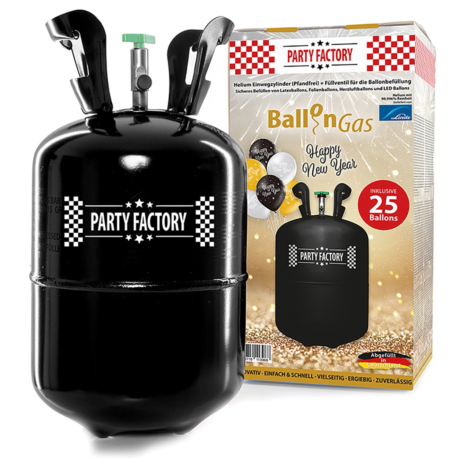 Party Factory Ballongas Helium Set Silvester Einwegflasche inkl. 25