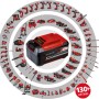 Einhell Power X-Change Twincharger 3A Ladegerät mit Akku-Geräten im Hintergrund.
