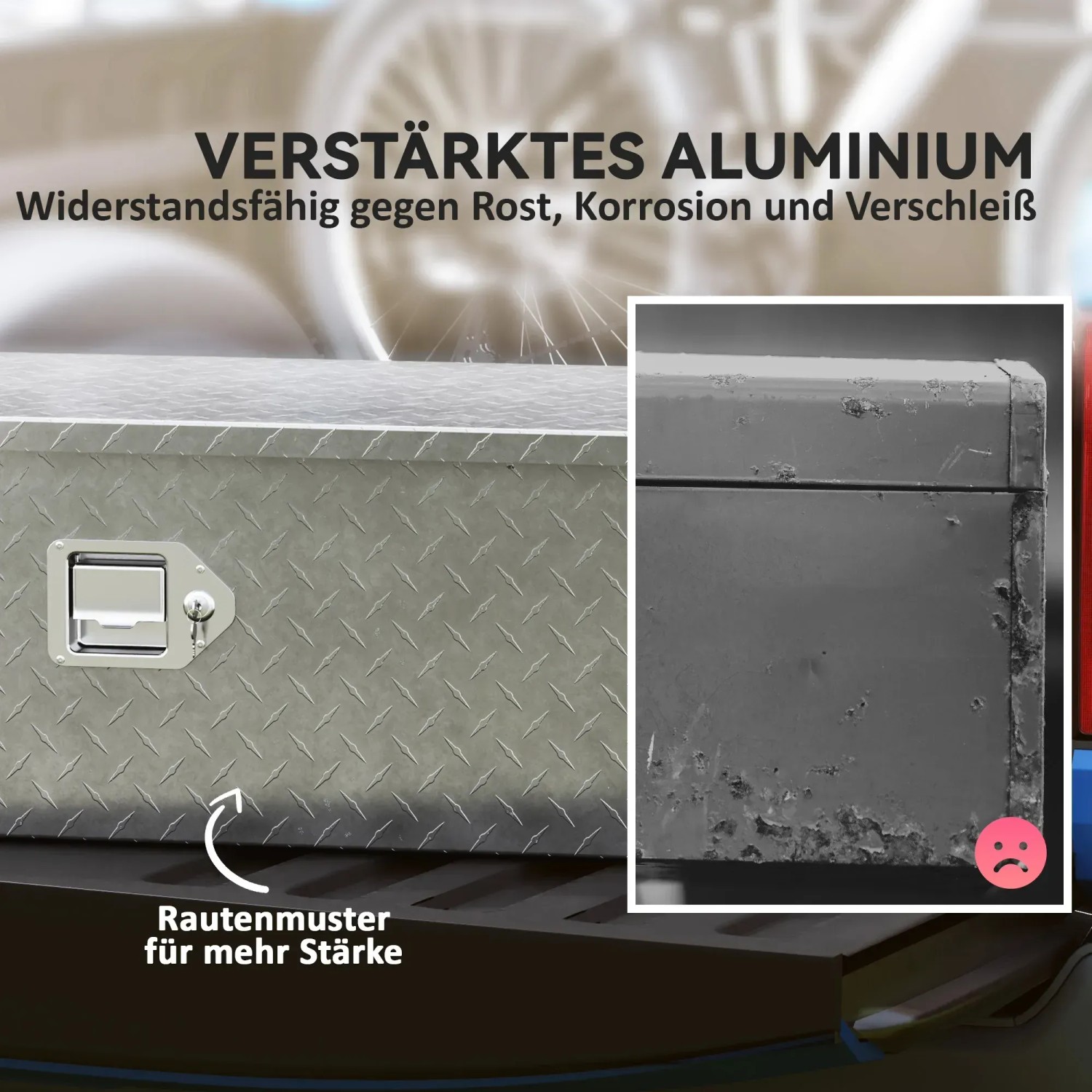 HOMCOM Gerätekasten aus Aluminium, silberfarben, mit Rautenmuster und Verschluss.