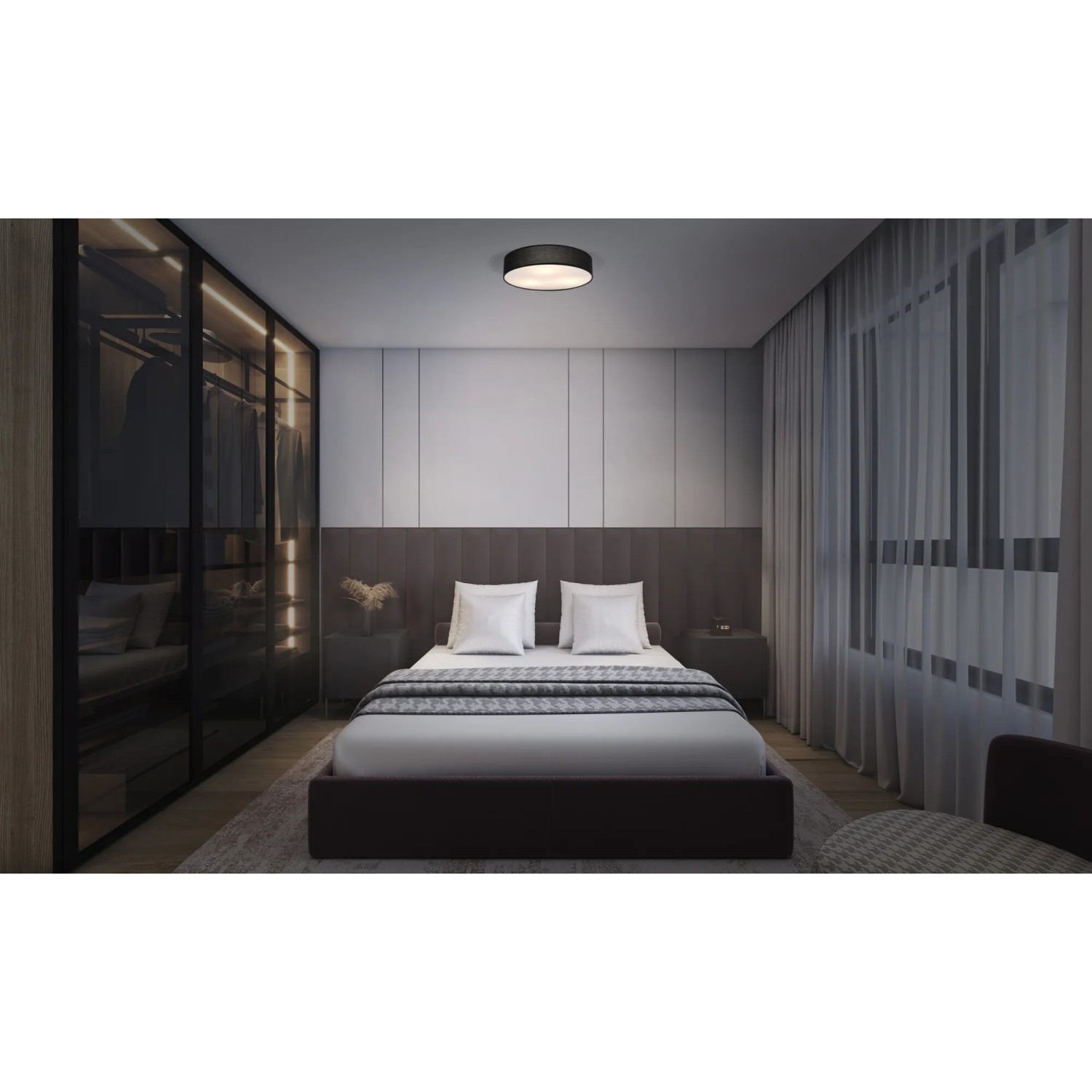 Schwarze Ledvance LED-Deckenleuchte Orbis Paris, Ø 40 cm, im Schlafzimmer.
