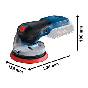 Bosch Professional Akku-Exzenterschleifer GEX 18V-125 Solo, blaue Schleifmaschine mit Maßen.