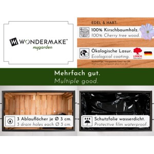 WONDERMAKE Hochbeet Kirchbaum seminandum1, Details zu Holz, Folie und Ablauflöchern.
