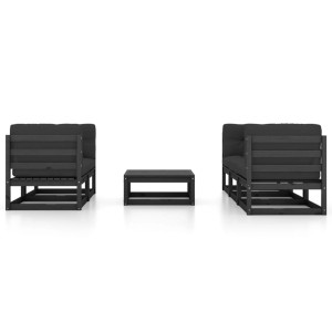 vidaXL Garten-Lounge-Set, 6-teilig, Kiefer massiv, schwarz mit anthrazitfarbenen Kissen.