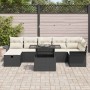 Schwarzes 8-teiliges Garten-Sofa-Set aus Poly Rattan mit Tisch und beigen Kissen.