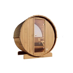 Finntherm Fasssauna aus Thermoholz, braun, mit Glasrückwand. Halbrundes Design für den Garten.