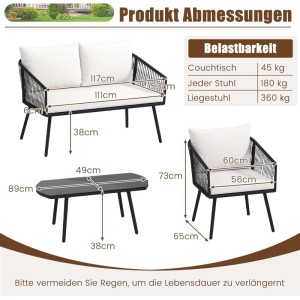 Costway Rattan Gartenmöbel Set: Sofa, Sessel, Tisch mit Maßen und Belastbarkeit dargestellt.