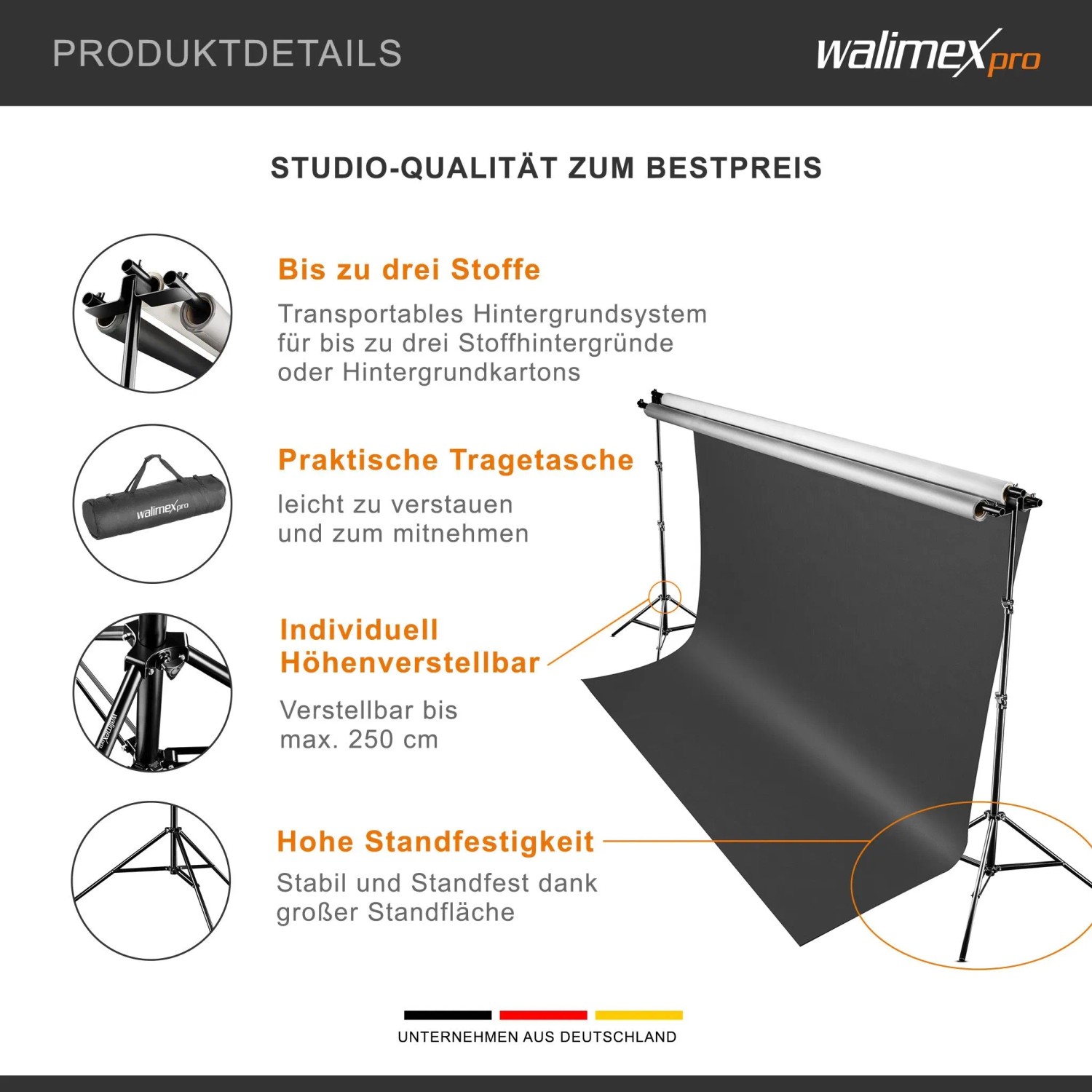 Walimex Pro 3-fach Hintergrundsystem mit grauem Fotohintergrund, variabler Breite, höhenverstellbar, inkl. Tragetasche.