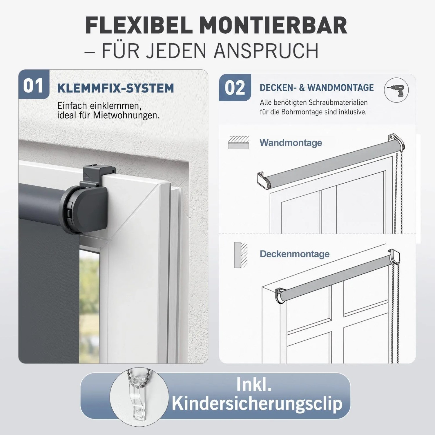 Graues SALCAR Verdunkelungsrollo mit Klemmfix-Montage am Fenster, Wand- und Deckenmontage-Optionen, inkl. Kindersicherungsclip.