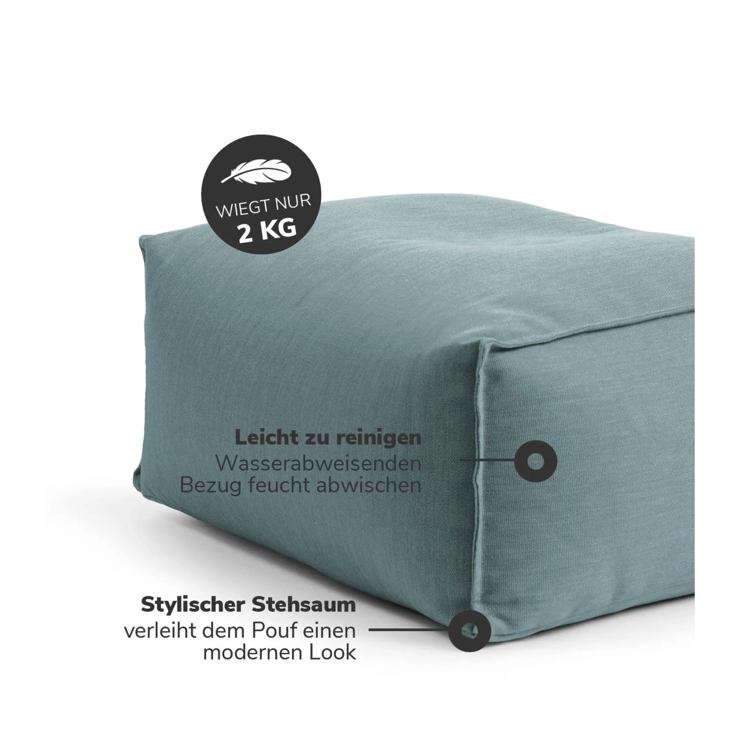 Himmelblauer Outdoor Pouf von mokebo, quadratischer Sitzhocker für Balkon und Garten.