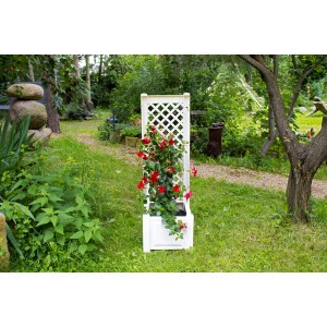 Weißer KHW Pflanzkasten klein mit Spalier und roter Kletterpflanze im Garten.