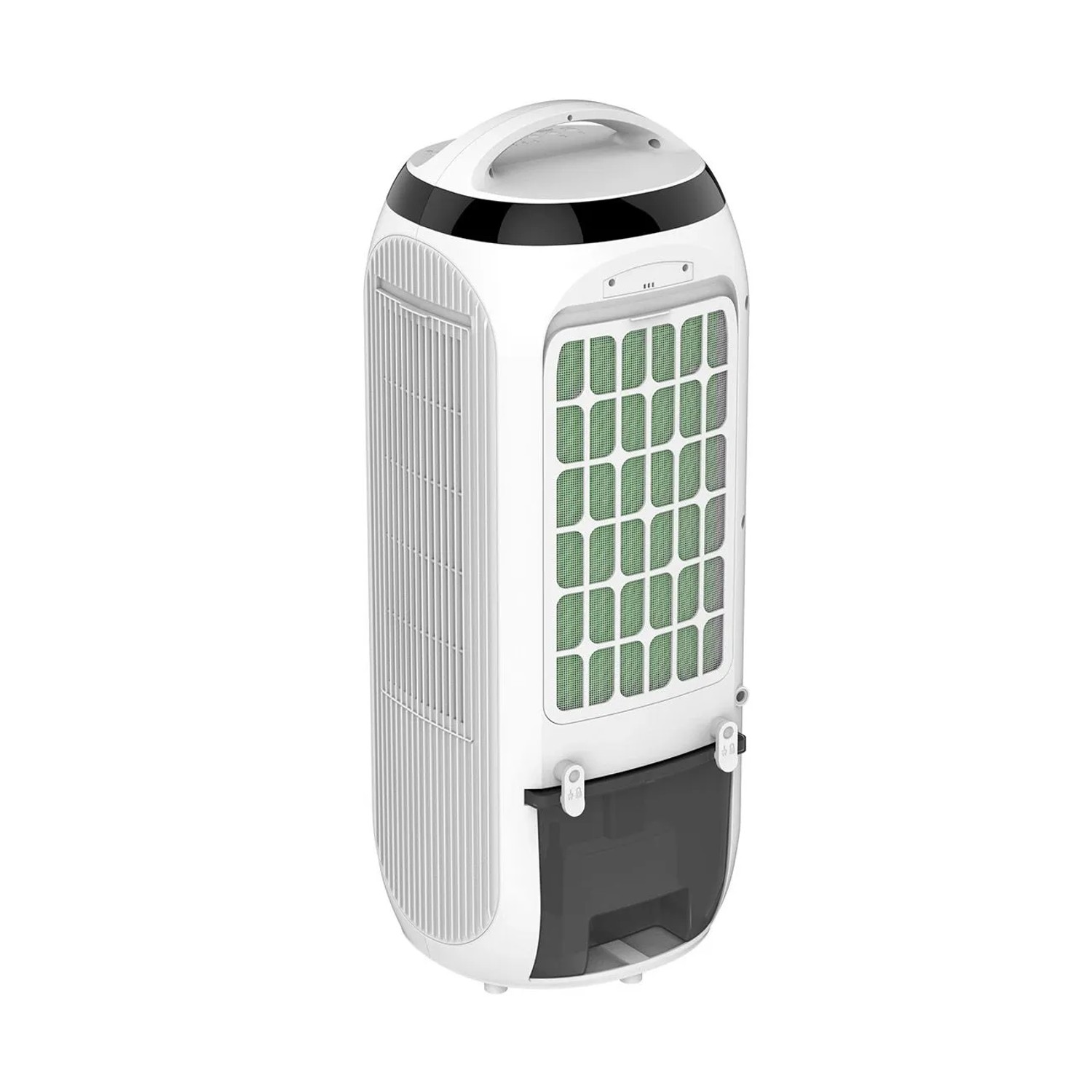 Clean Air Optima CA106 Smart 4in1 Luftkühler, weiß, mit grünem Filter, Wassertank und Tragegriff.