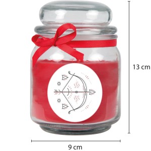 Duftkerze Schütze im Glas mit rotem Wachs und Schleife, 70 Stunden Brenndauer.