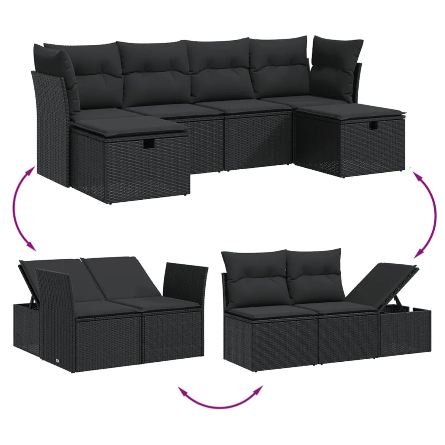 Schwarze 6-tlg. vidaXL Garten-Sofagarnitur aus Poly Rattan mit Kissen. Modulares Design mit Stauraum.