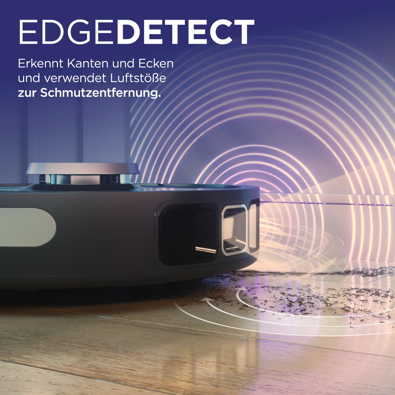 Shark Saugroboter RV2820VEEU mit Edge Detect zur Kanten- und Eckenreinigung.