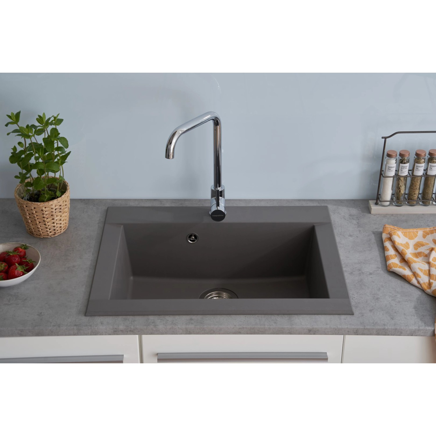 Respekta Einbauspüle Mineralite Ohio, 66x50 cm, Betongrau. Granitspüle für moderne Küchen.