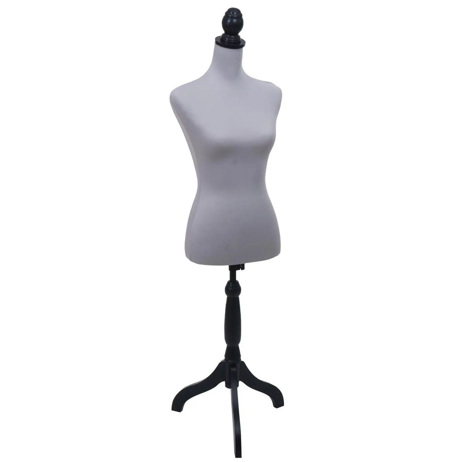 Weibliche Schneiderpuppe mit hellem Stoffbezug, schwarzem Holzknauf und schwarzem Dreibein-Standfuß.