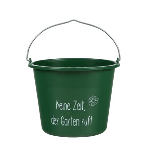 Grüner 12L Haus- und Garteneimer mit Metallbügel und Aufdruck "Keine Zeit, der Garten ruft".