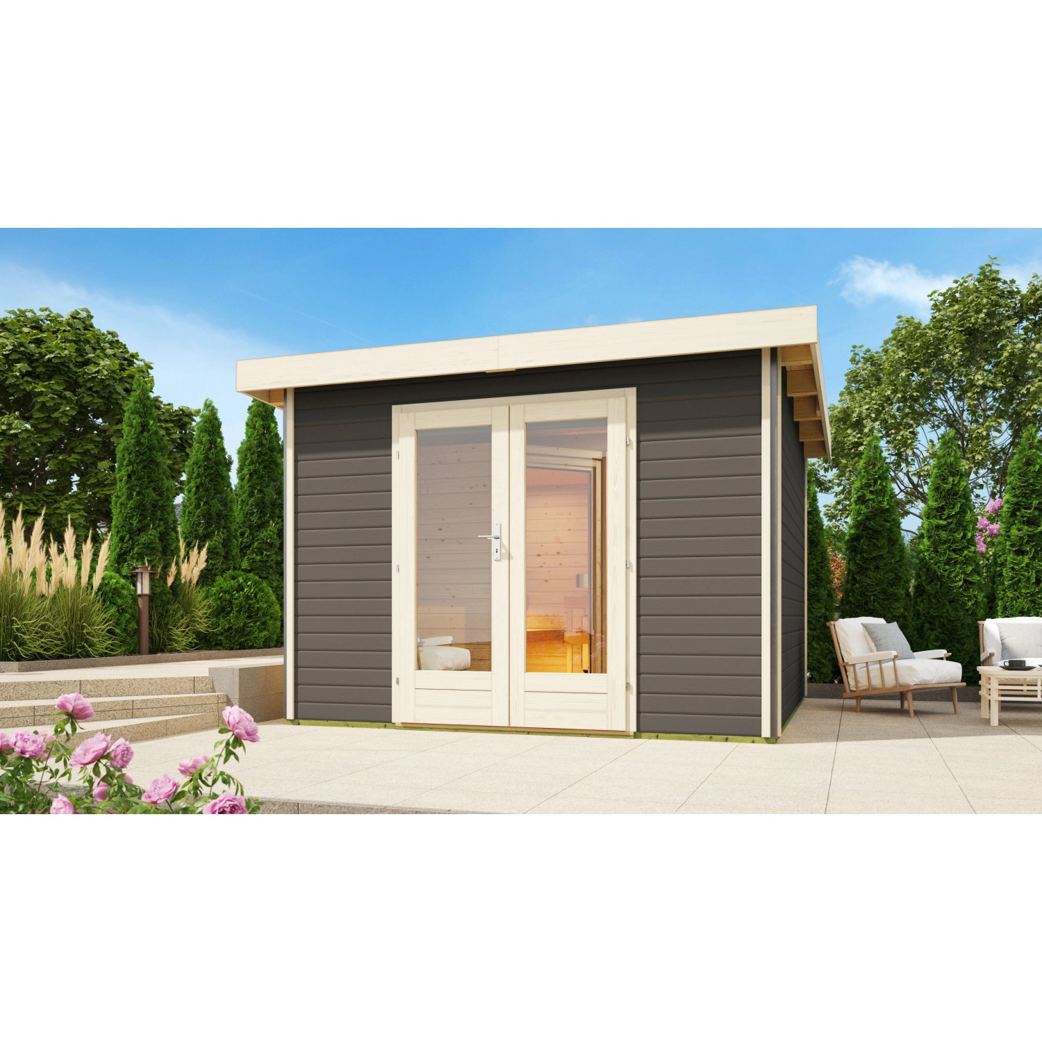 Karibu Saunahaus Magnus 1 Set A Terragrau mit Ofen 9 kW Bio ext. Strg. günstig online kaufen