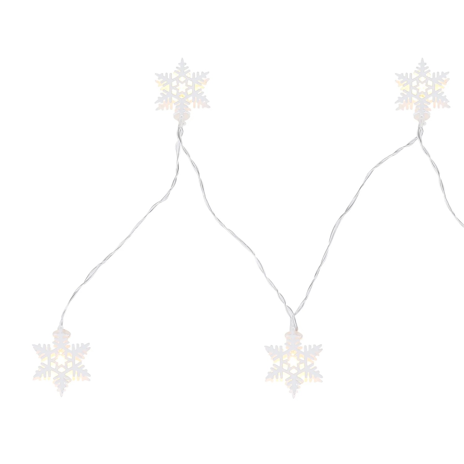 Weiße LED-Lichterkette mit 10 Schneeflocken aus Kunststoff, 165 cm lang, für den Innenbereich.