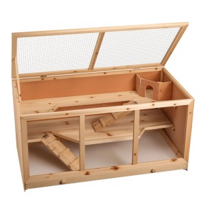 Geräumiger Nagerkäfig aus hellem Holz mit 3 Etagen, Acrylglasfenstern und aufklappbarem Drahtgitterdeckel.