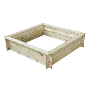 Quadratischer Sandkasten aus hellem Kiefernholz ohne Deckel für den Garten.