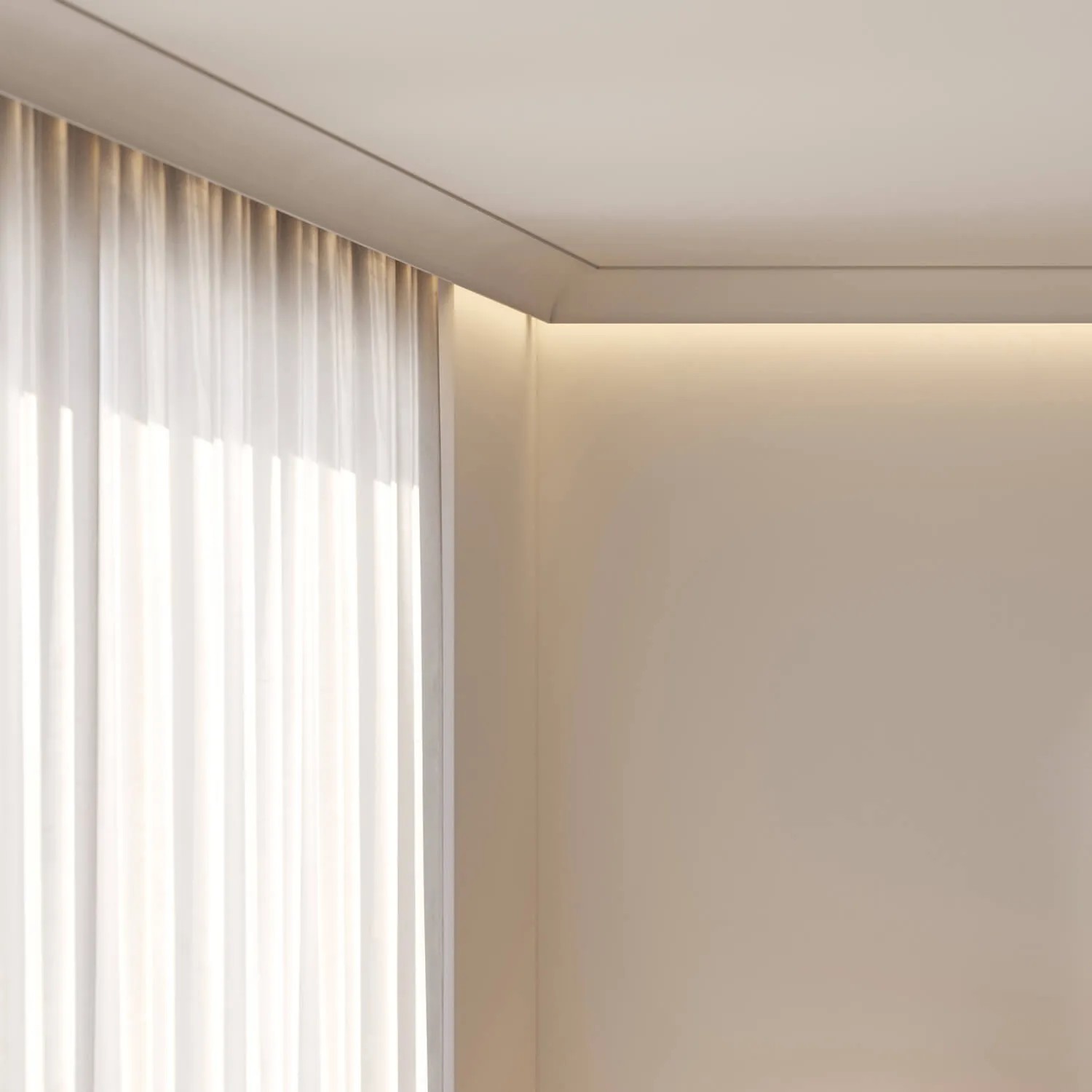 Graue NOEL & MARQUET NMC IL18-Box WALLSTYL Eckleiste mit indirekter Beleuchtung und Gardine.