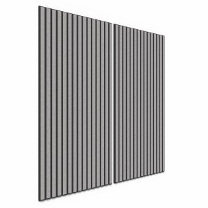 2 Akustikpaneele in Betongrau mit schwarzen Filzstreifen für Wand und Decke.