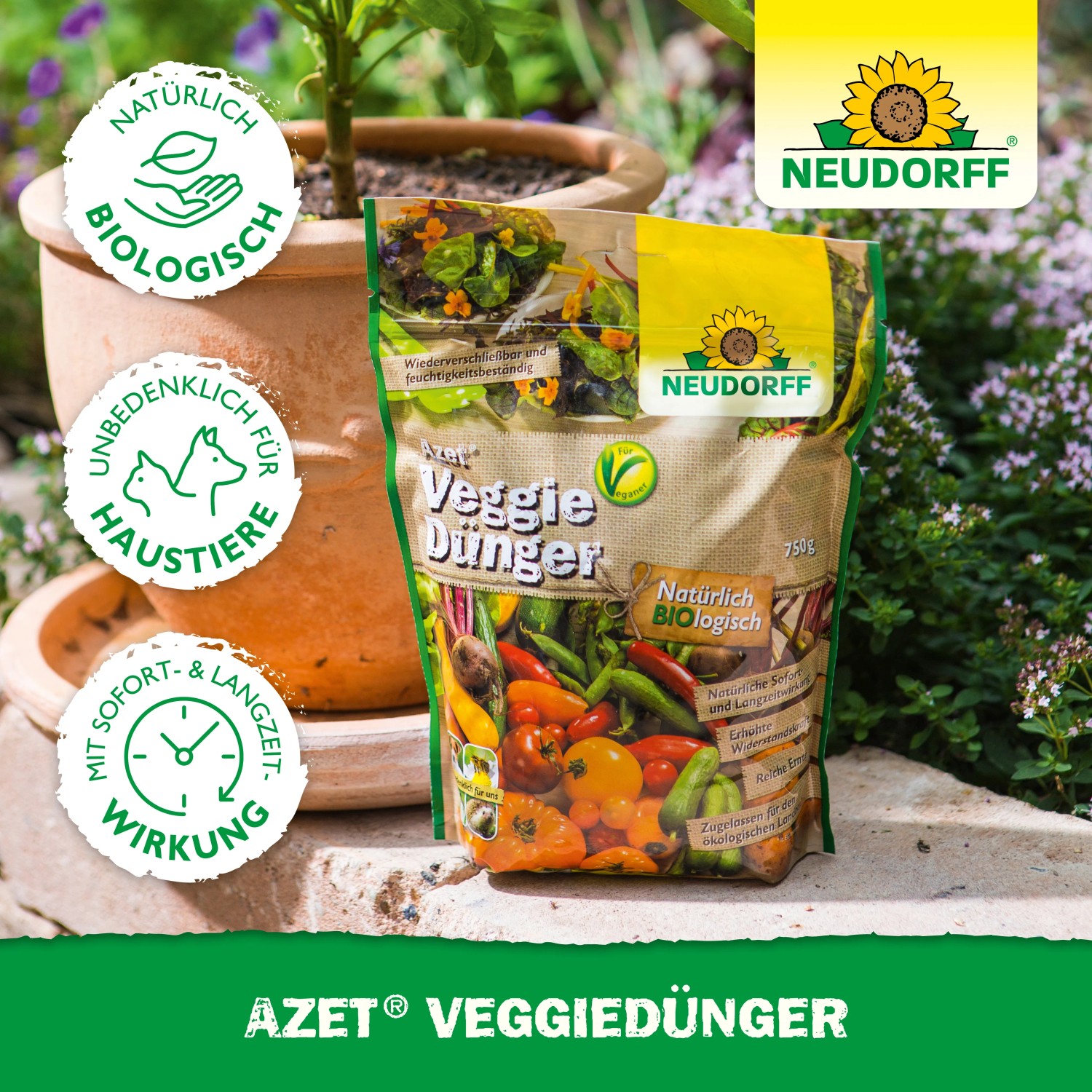 Neudorff Azet Veggie-Dünger, 750g Packung. Veganer Gemüsedünger für den Garten.