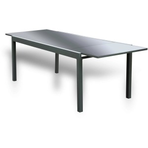 Ausziehbarer, hellgrauer Home Deluxe Gartentisch Sol mit Glasplatte und Aluminiumgestell.