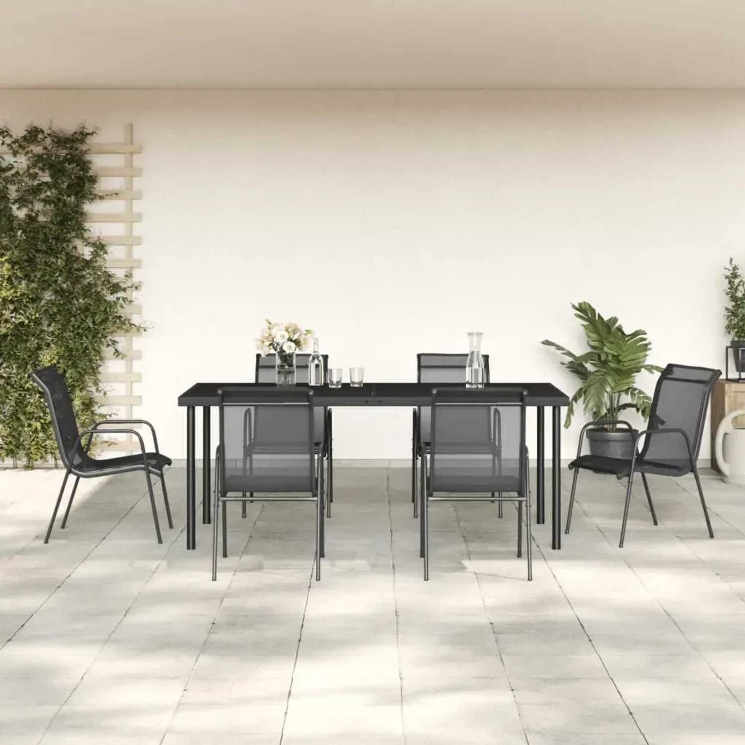 Schwarze 7-tlg. Garten-Essgruppe aus Stahl und Textilene. Gartentisch mit 6 Stühlen für Terrasse und Garten.