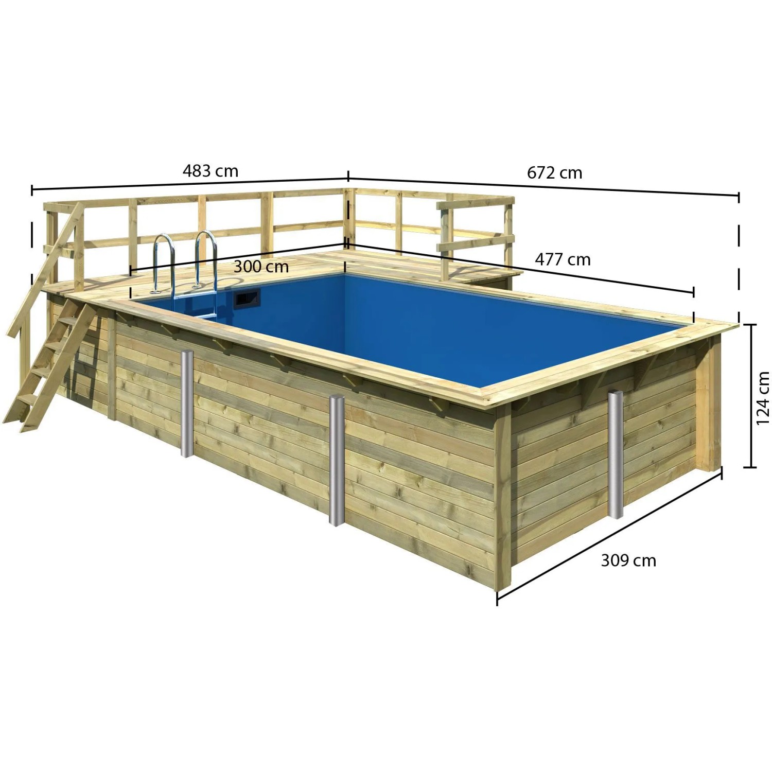 Karibu Holzpool mit Terrasse und blauer Innenhülle. Kesseldruckimprägniertes Holz.